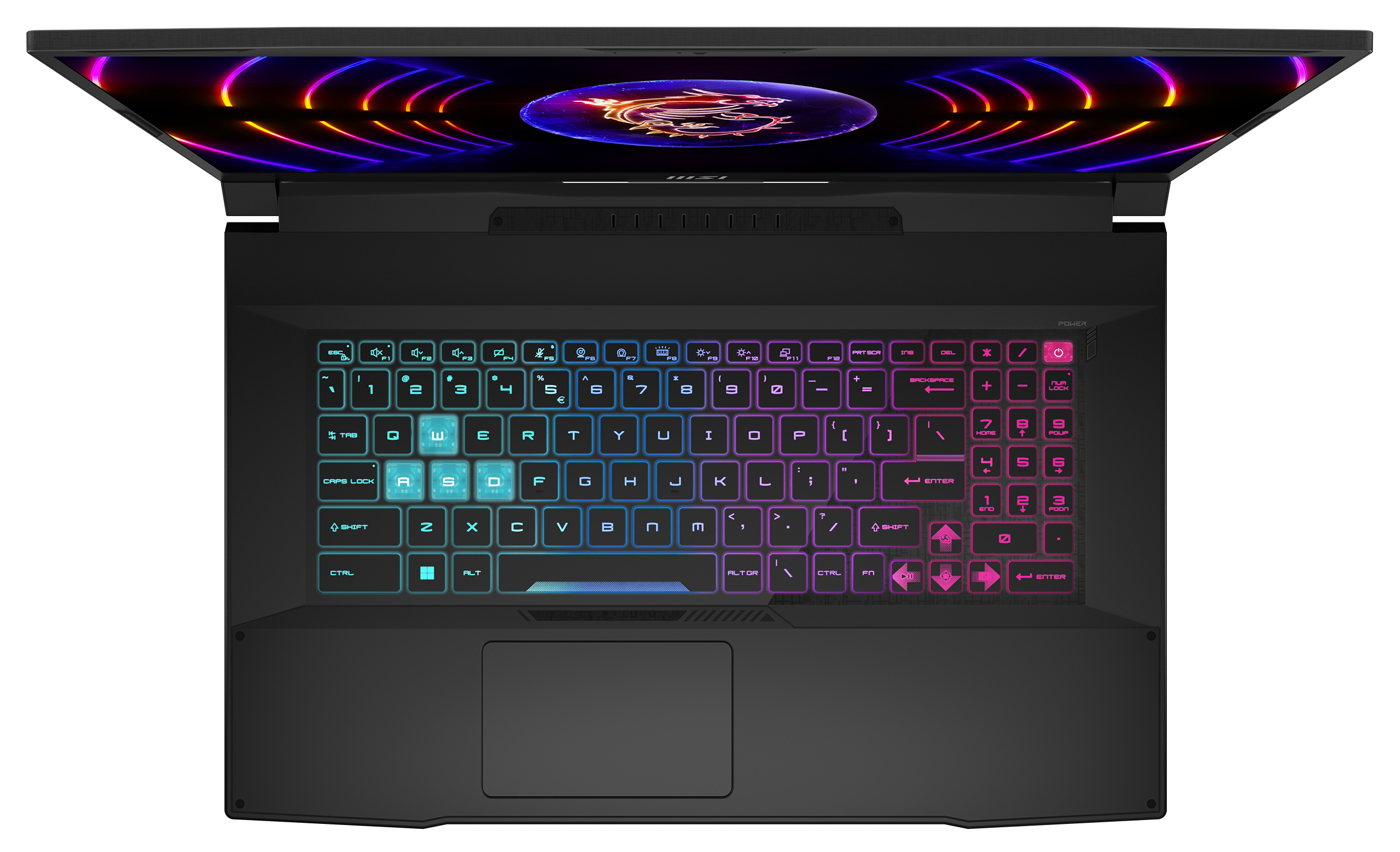 Ein offener schwarzer Laptop mit bunter Tastatur. Der Bildschirm ist schwarz, der Laptop steht auf einem Tisch.