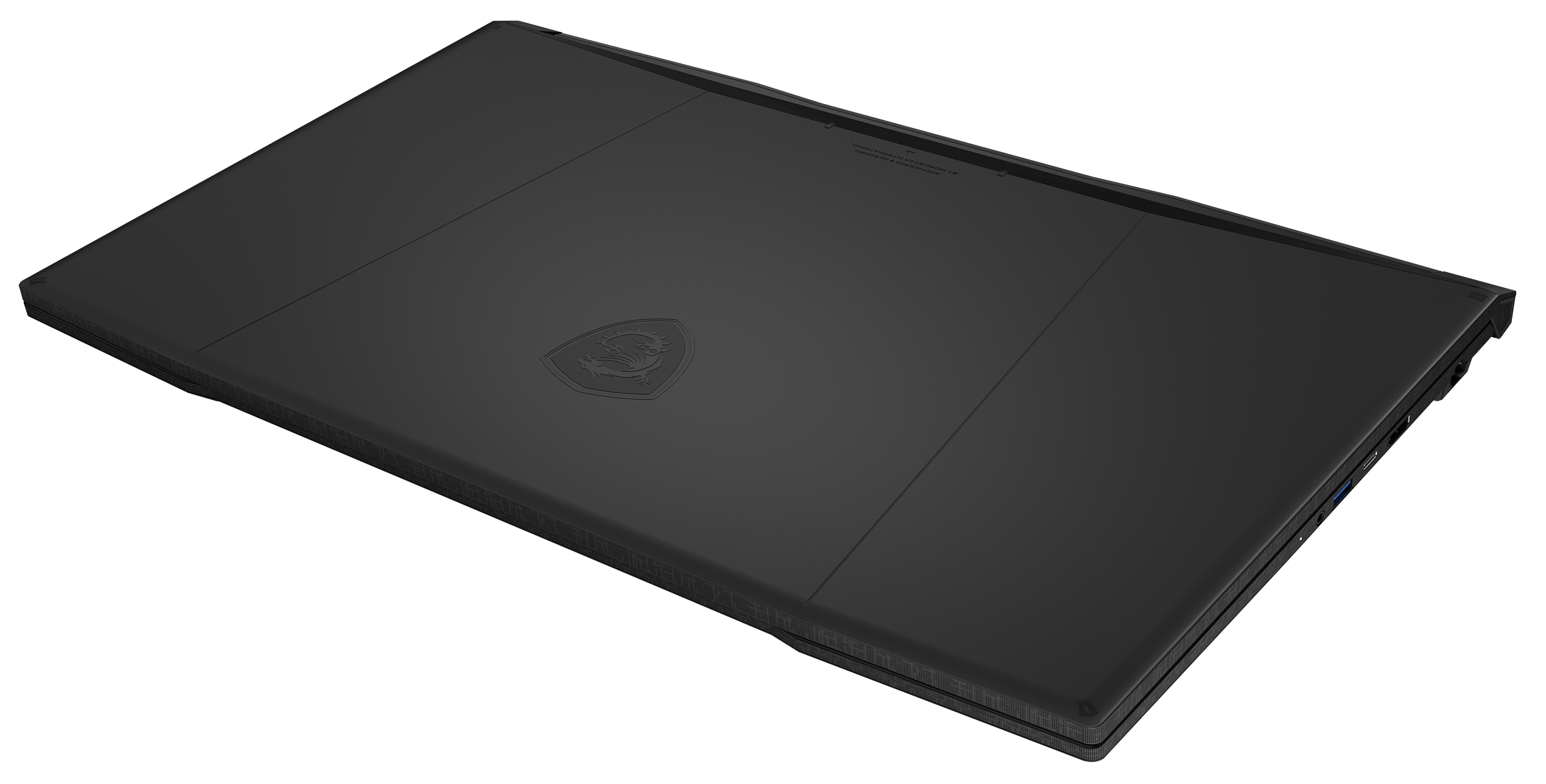 Schwarzer Laptop geschlossen, mit Logo. Schräge Ansicht. Dunkle Oberfläche.