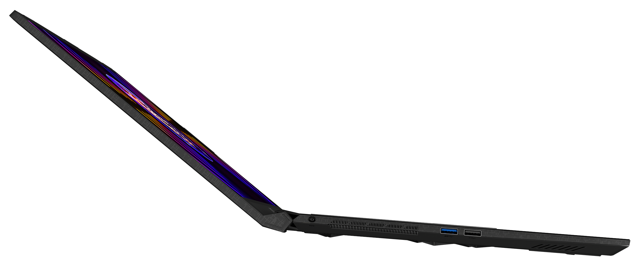 Schwarzer Laptop, Seitenansicht, Bildschirm mit bunten Grafiken.