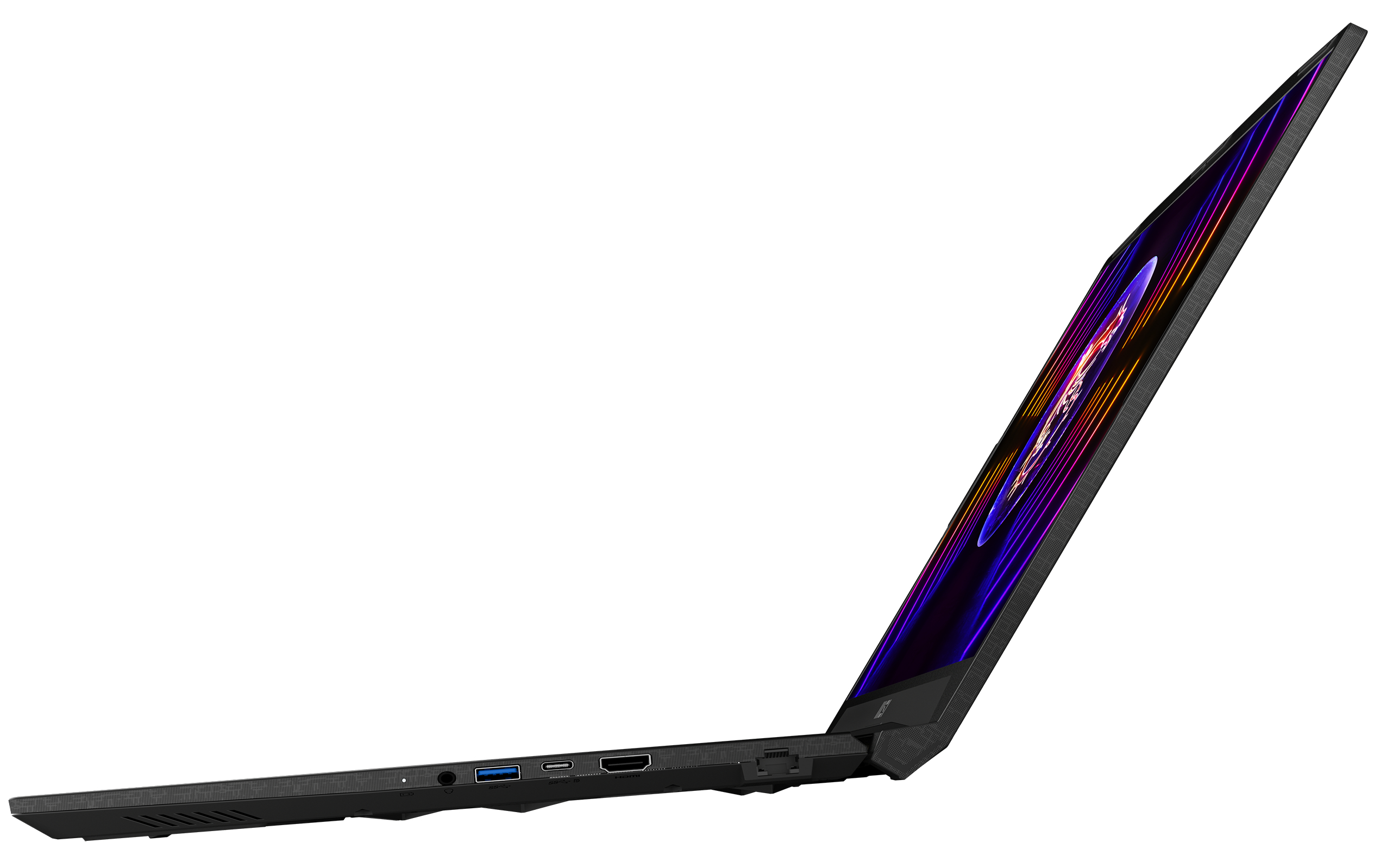 Seitenansicht eines schwarzen Laptops, der seinen geöffneten Bildschirm mit bunten Grafiken zeigt.