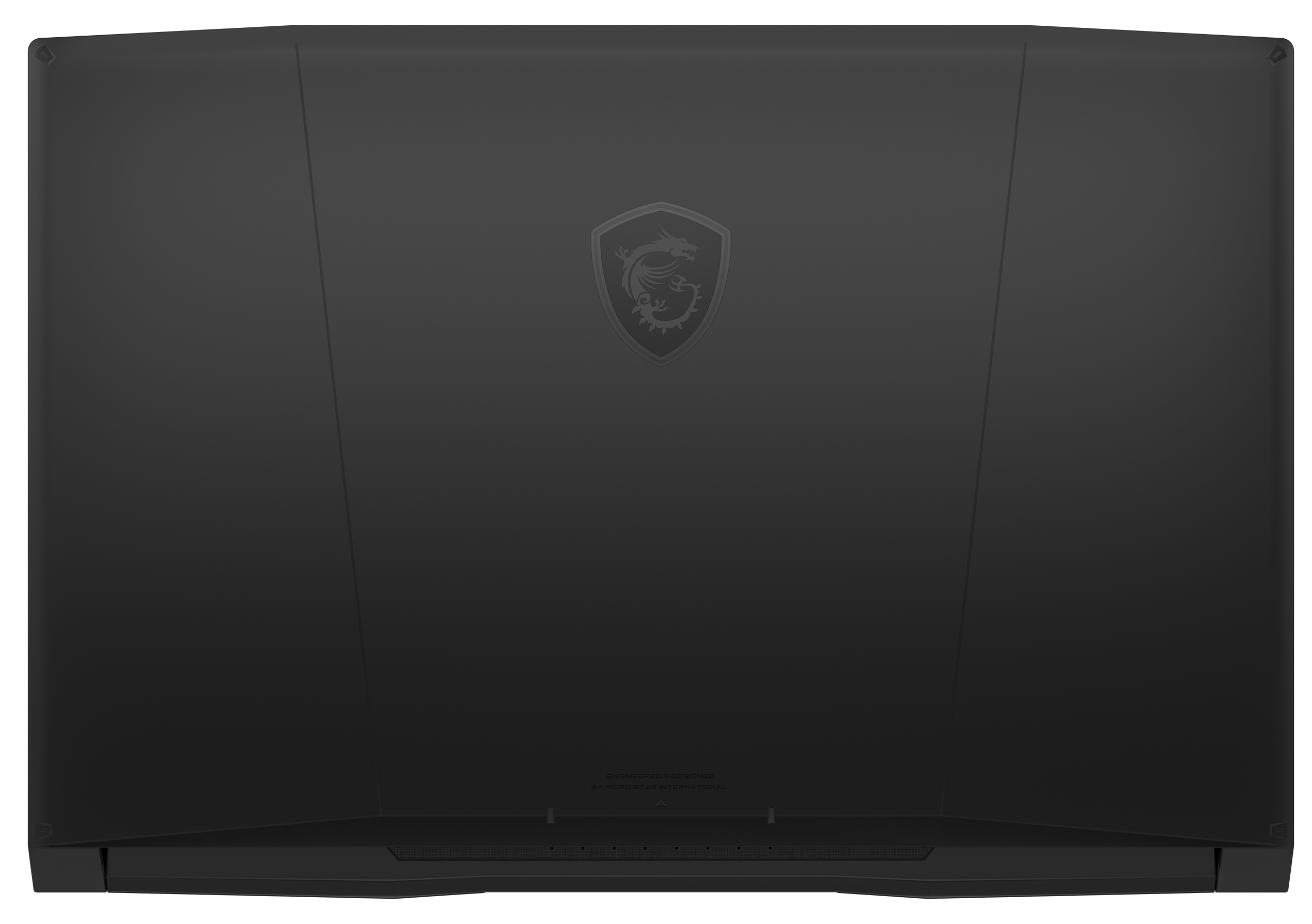 Schwarzer Laptopdeckel mit MSI-Logo in der Mitte. Die Oberfläche ist schlicht und matt.