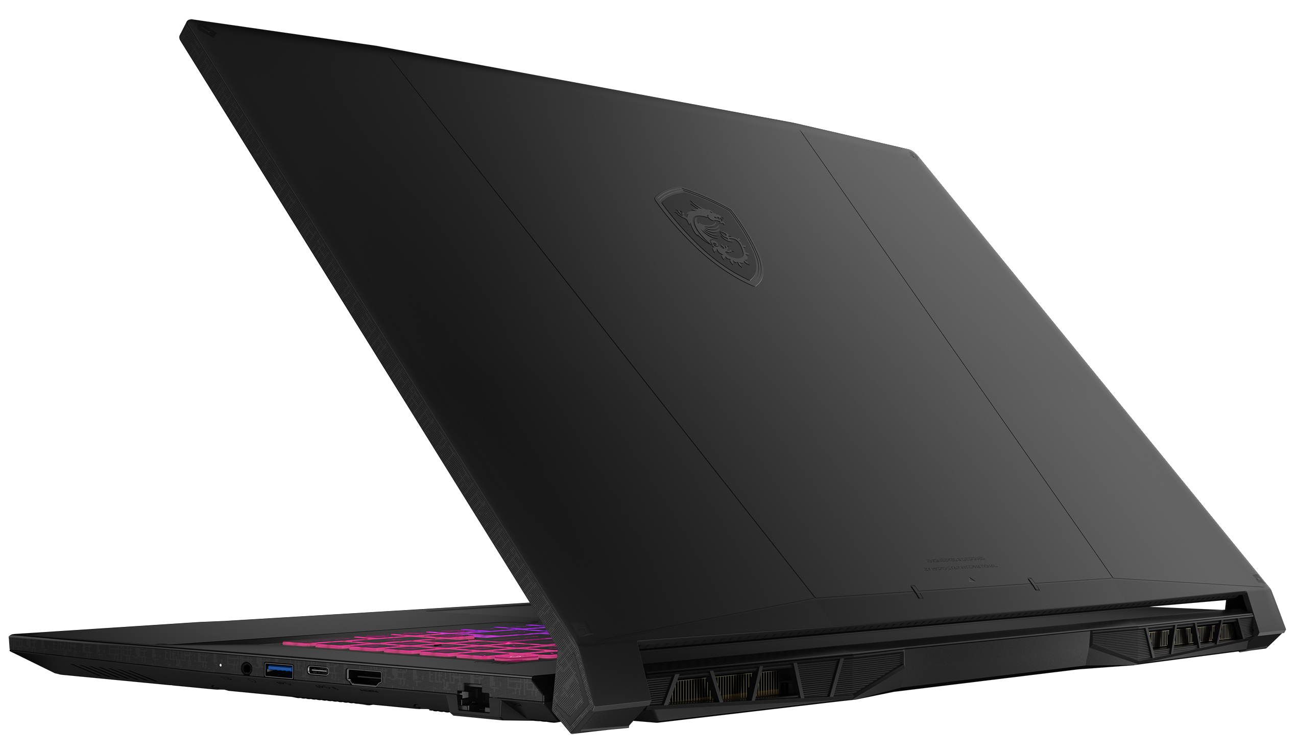 Schwarzer MSI Laptop, Draufsicht, abgewinkelt, Tastatur und Logo zeigend.
