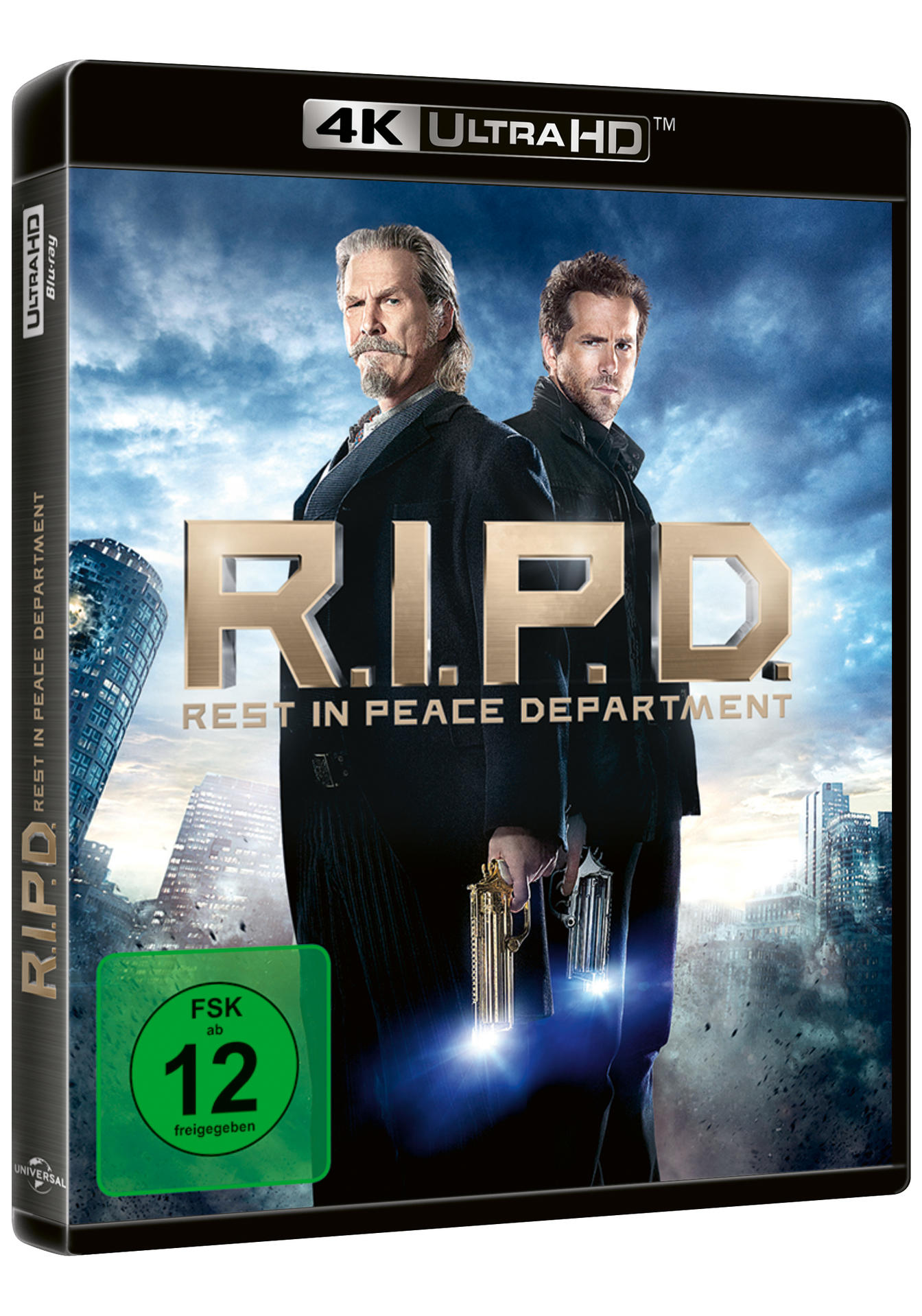 R.I.P.D. Filmcover. Zwei Männer stehen Rücken an Rücken und halten Waffen. Blauer Himmel im Hintergrund.