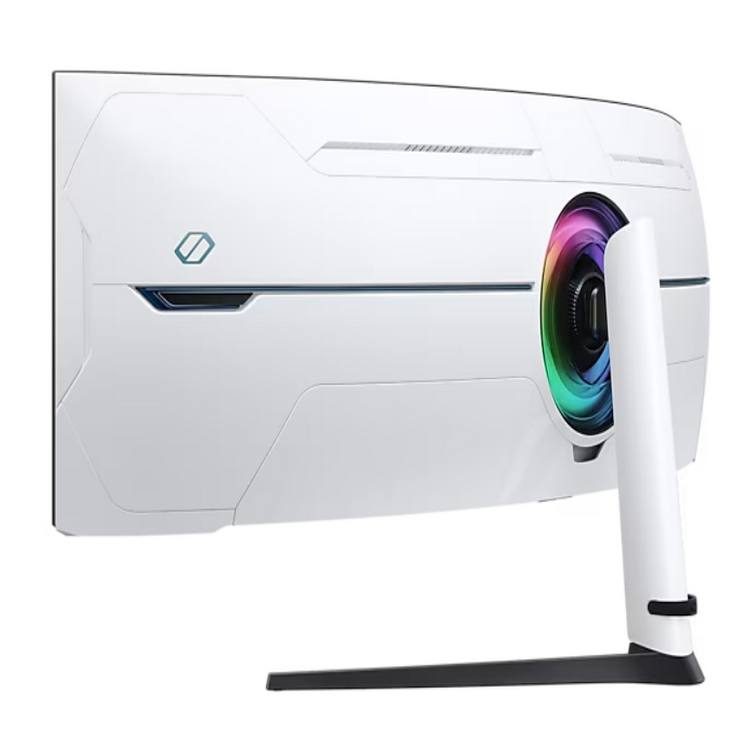 White monitor back. Features a black stand and a circular light. The design includes a blue line.