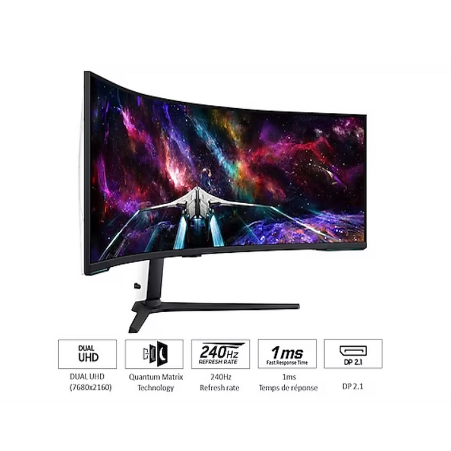 Curved monitor with a space-themed background, and text indicators below.