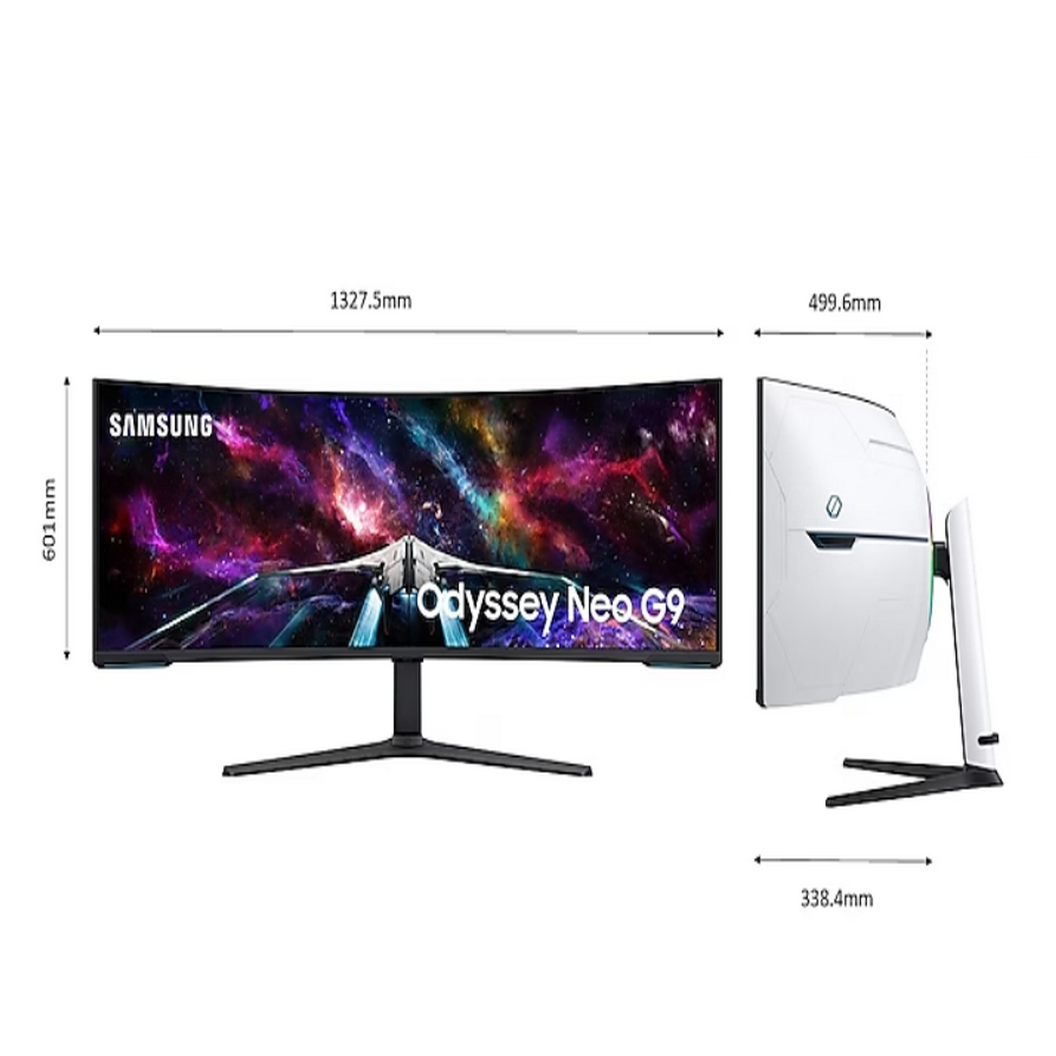 A curved monitor is displayed with its dimensions. The screen shows a space scene with a ship.