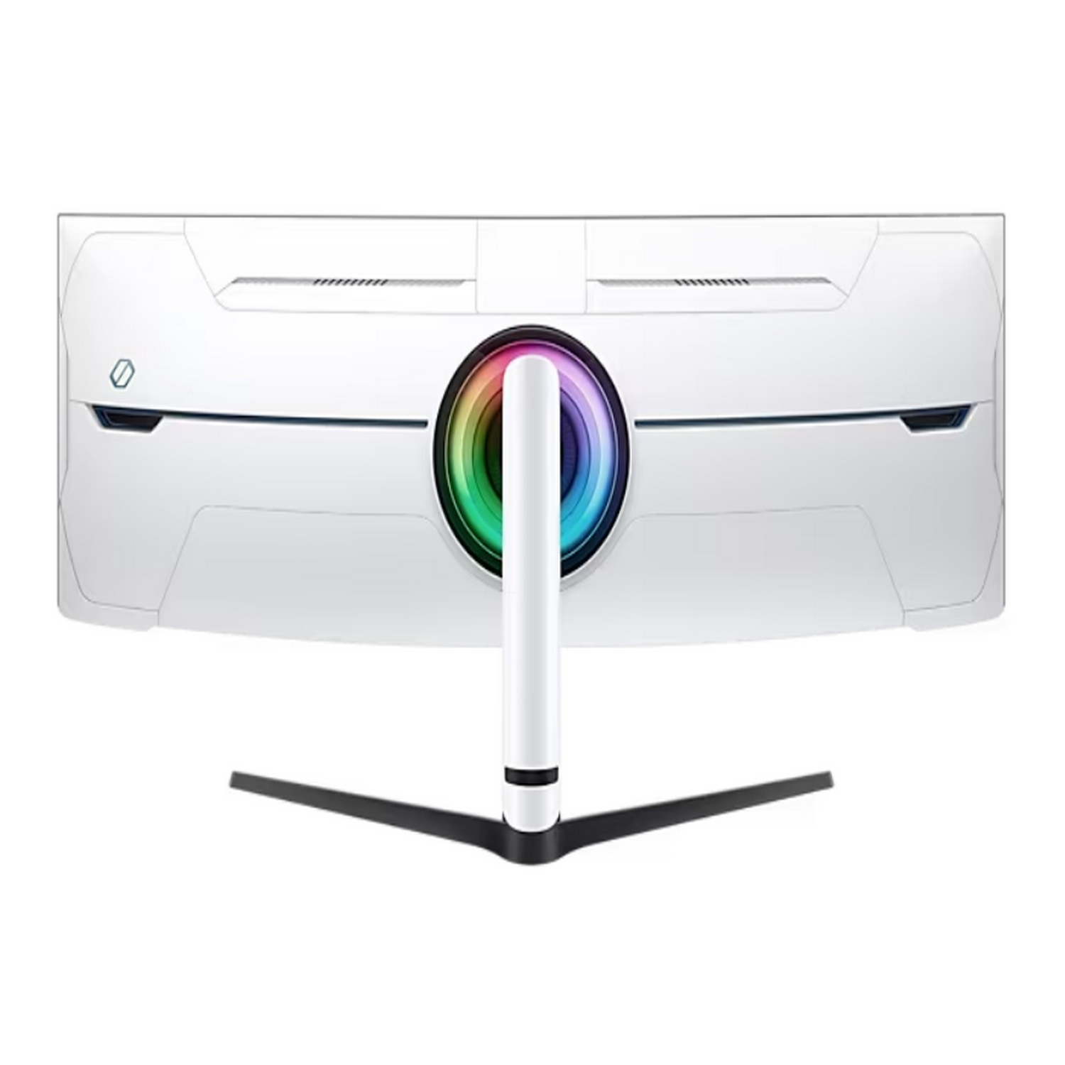 The back of a white curved gaming monitor with a stand and a multi-colored light ring around the center.