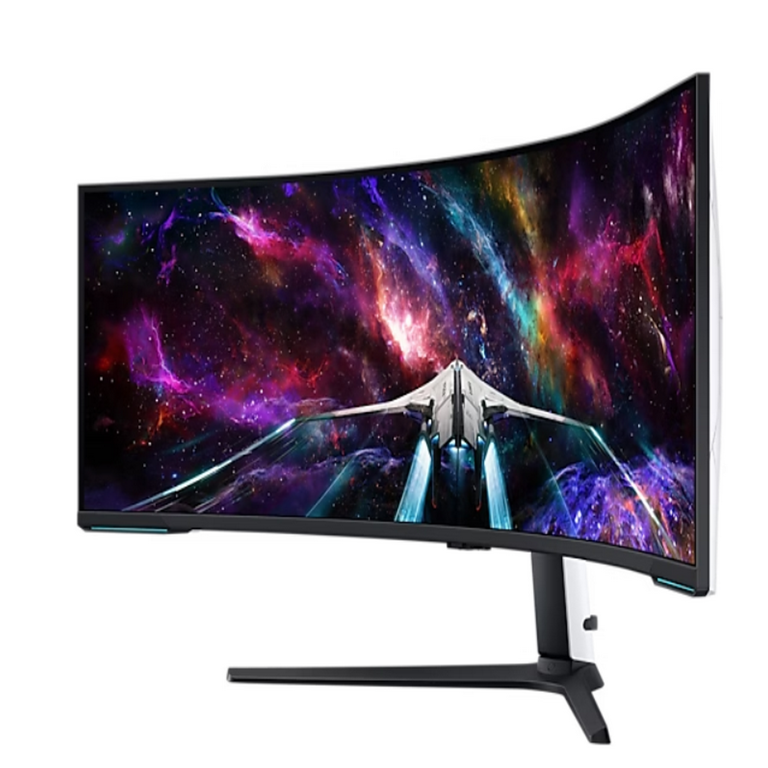 Curved monitor with a space scene as the background.