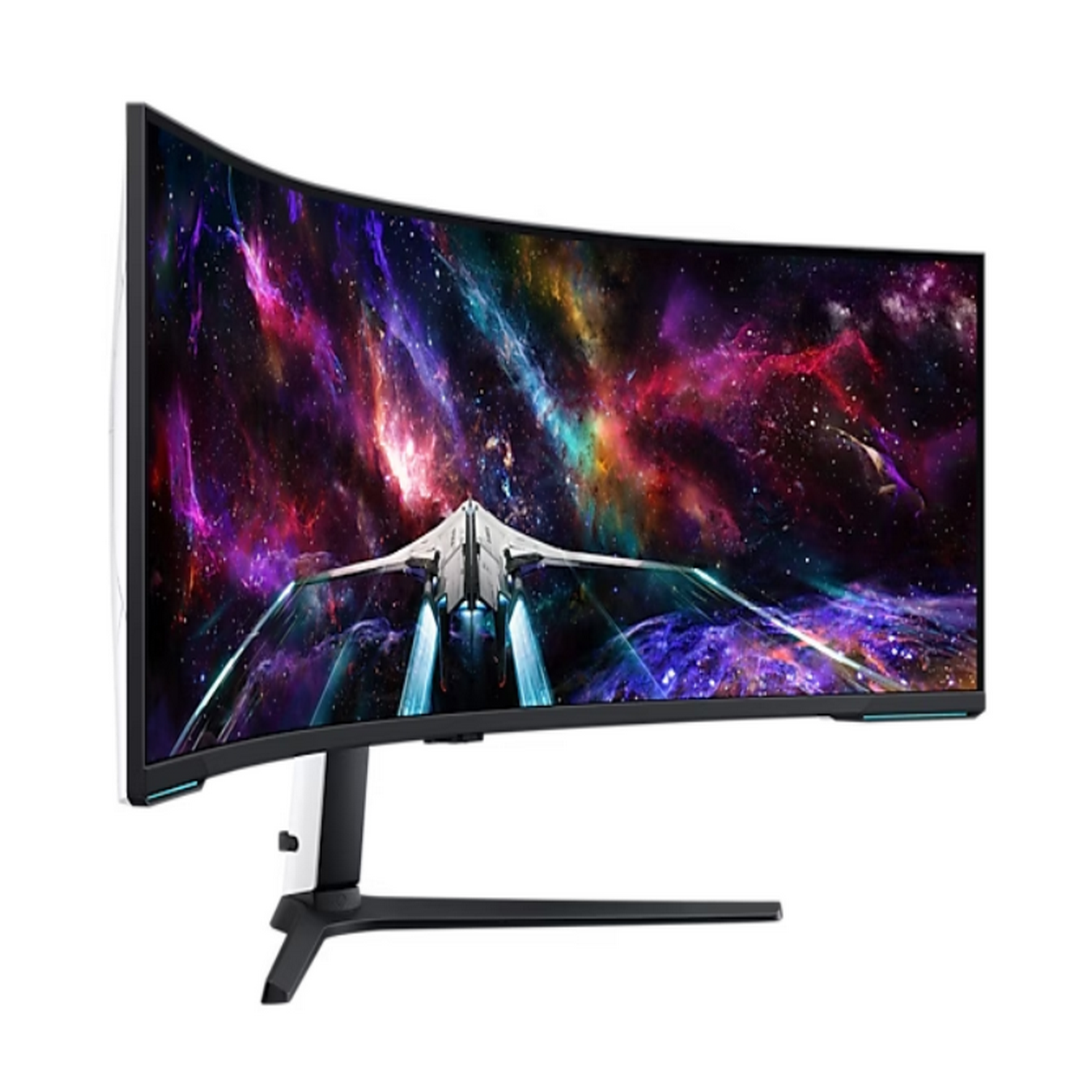 Curved monitor displays a spaceship in a colorful nebula. White stand with black base. White background.