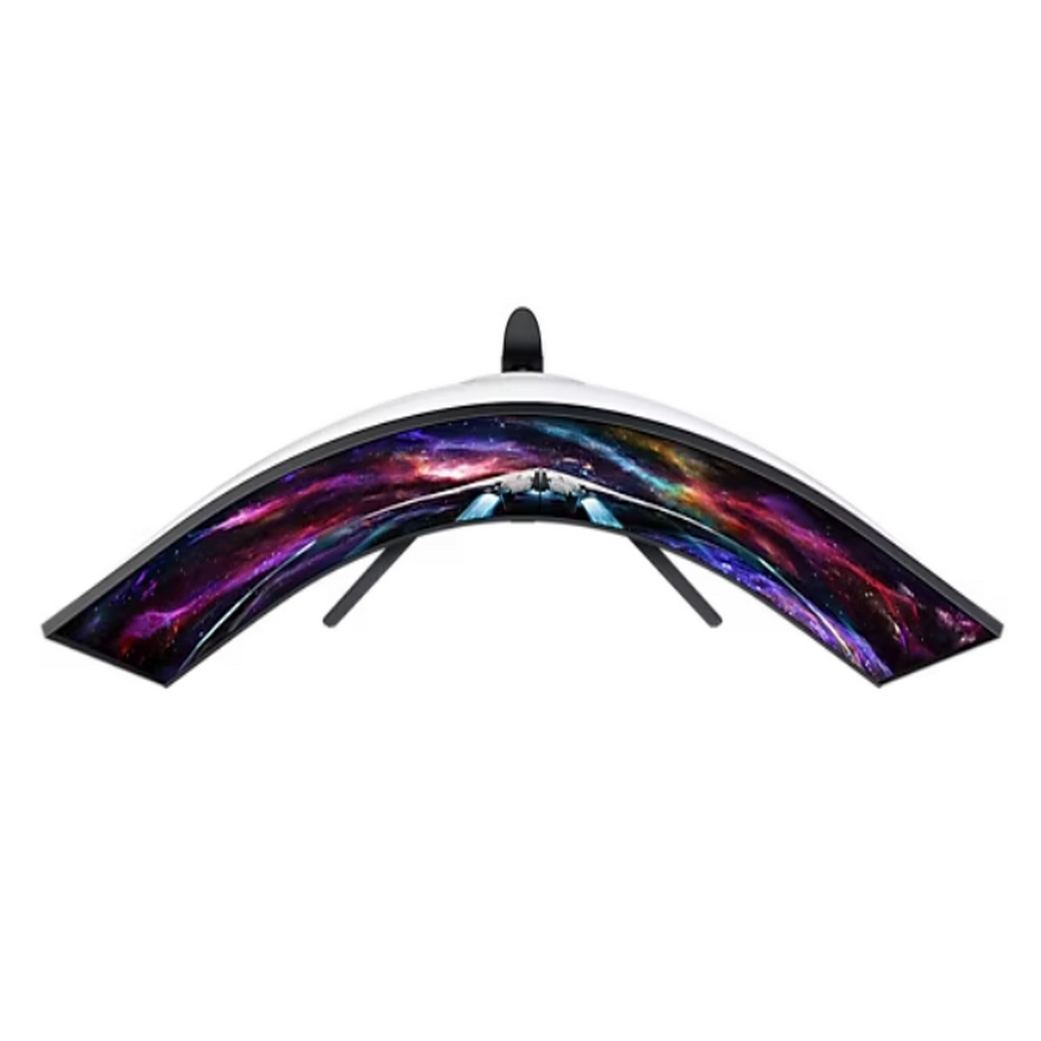 A curved computer monitor with a colorful, galaxy-like image on the screen.