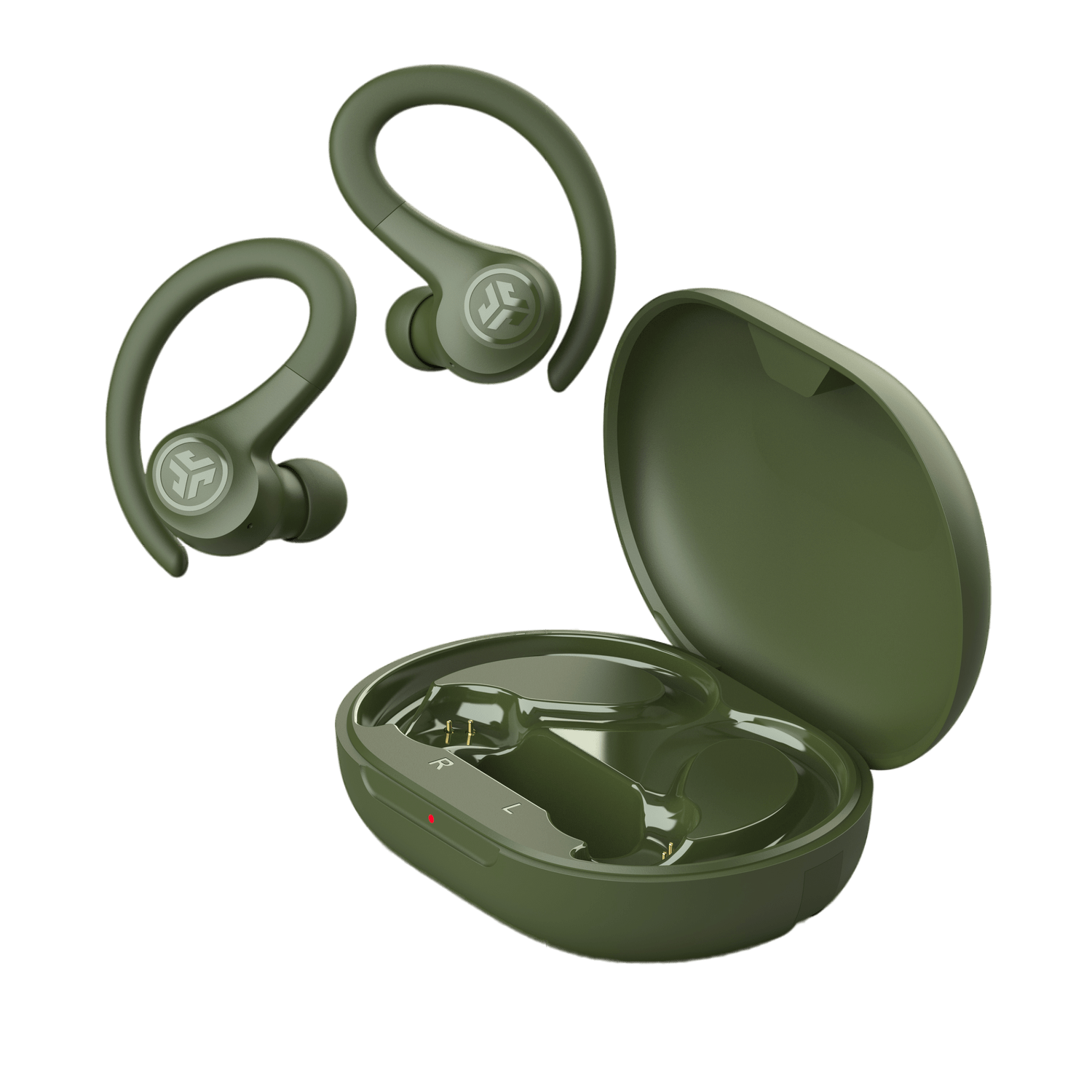 Green, wireless earbud set with a charging case on a black background. The buds have ear hooks.