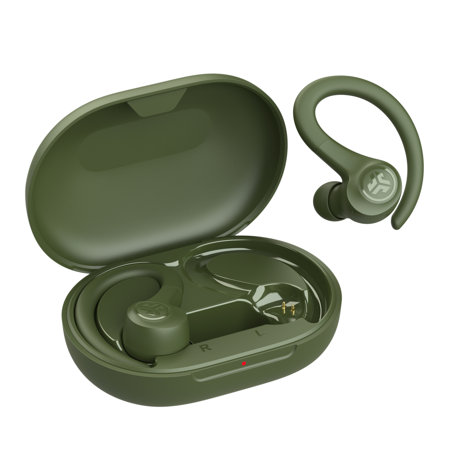 Green earbuds and charging case. One earbud is separate. White background.