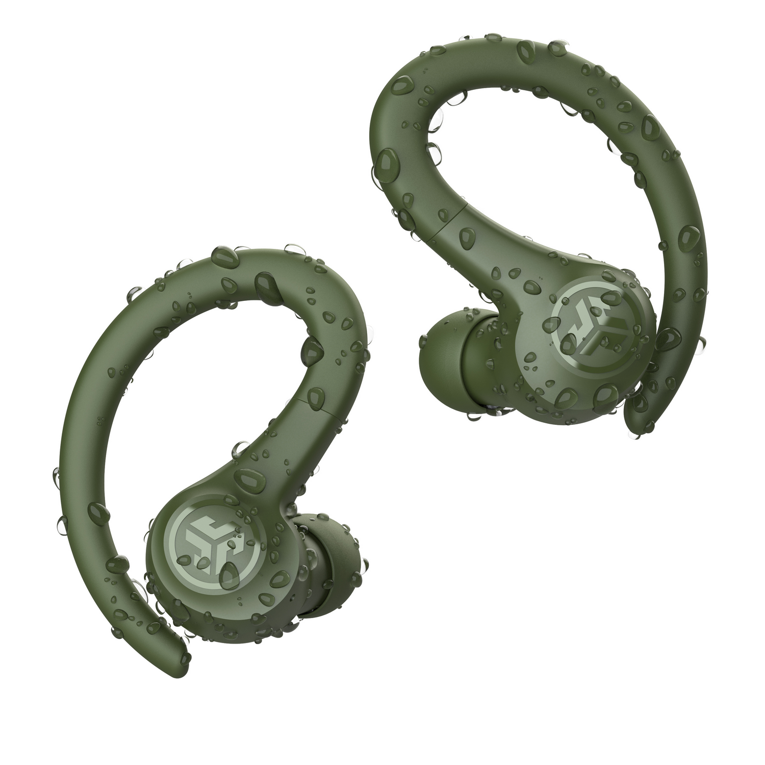 Two green earbuds with water droplets, angled, on white background.