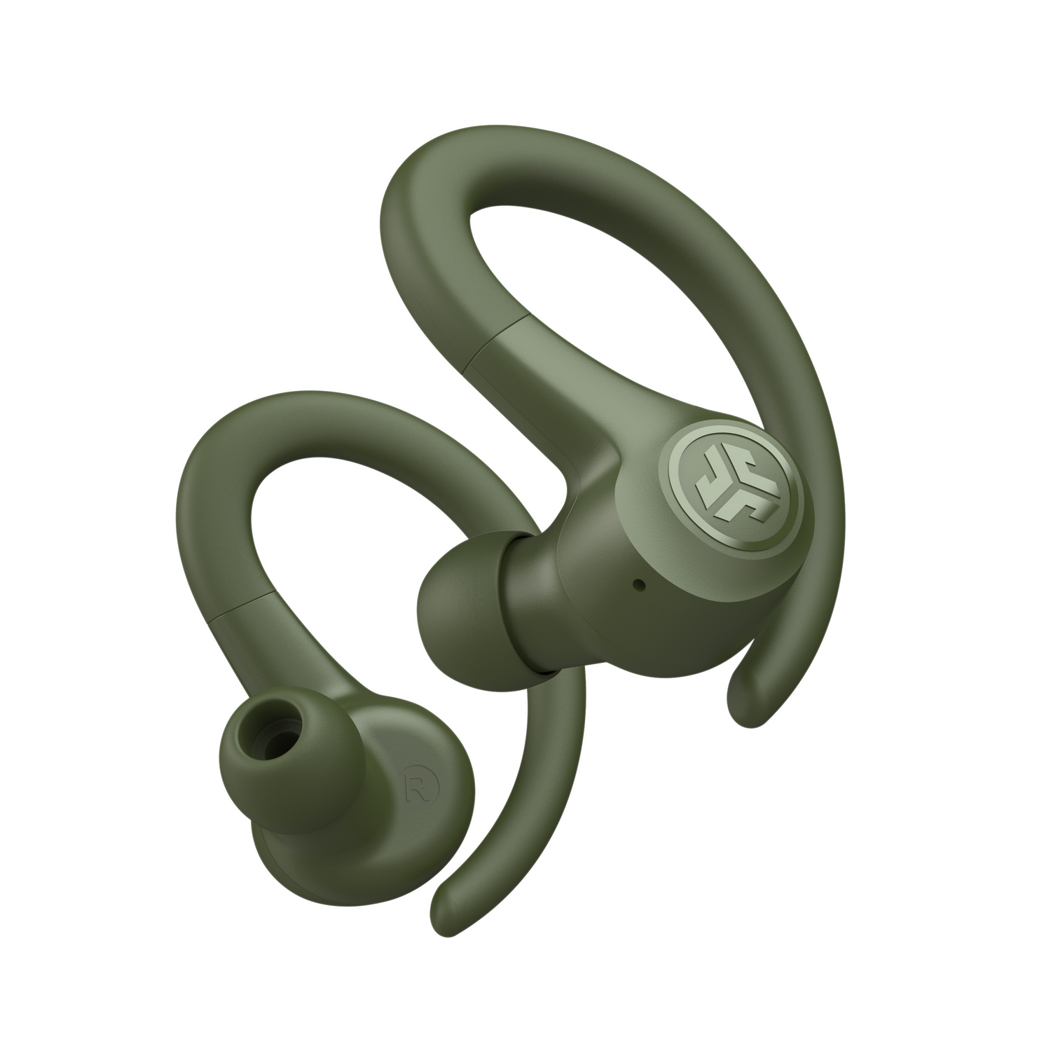 Olive green earbuds. The earbuds have ear hooks. The logo is on the side of the earbud.