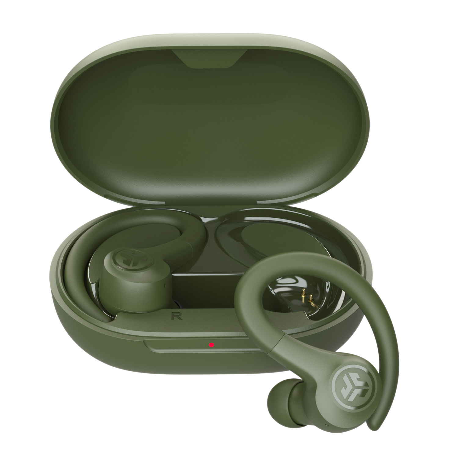 Green wireless earbuds and case, open, showing earbuds inside, on a white background.