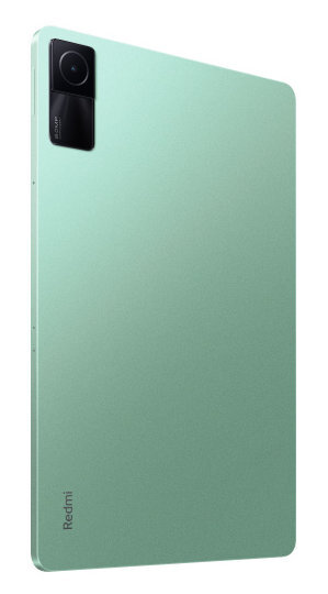 Miętowy tablet z czarnym modułem aparatu z tyłu.
