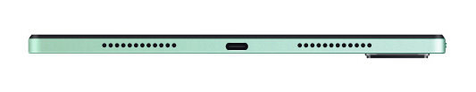 Dolna krawędź jasnozielonego tabletu z otworami głośnikowymi i portem USB-C.