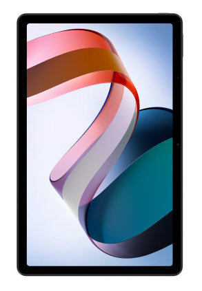 Tablet z wyświetlaczem pokazującym abstrakcyjne, kolorowe wstążki na białym tle.