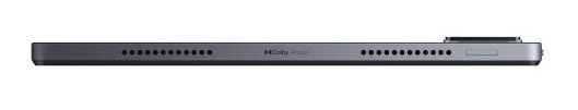 Widok z boku tabletu, ciemnoszary, z głośnikami i tekstem 'Dolby Atmos'.