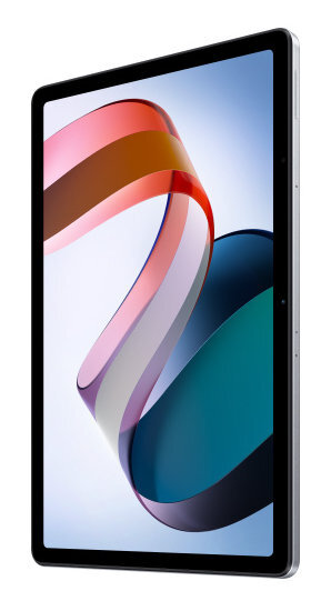 Srebrny tablet z czarną ramką. Ekran wyświetla kolorowe abstrakcyjne kształty na białym tle.