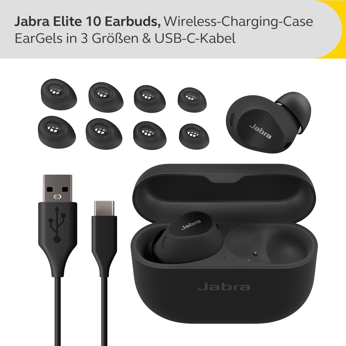 Kopfhörer-Set mit Hülle, Ladekabel und Ohrgelen.