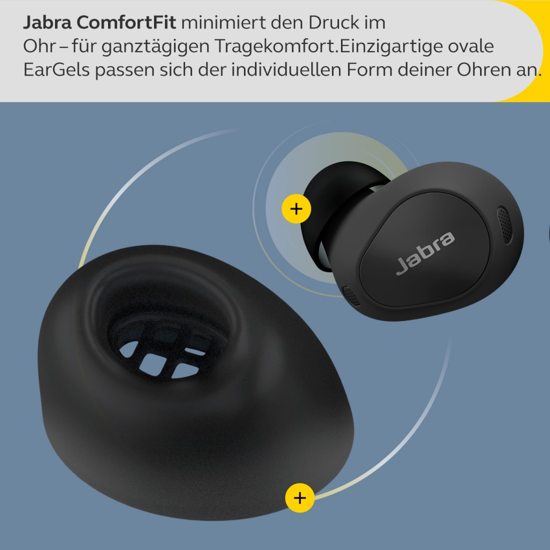 Schwarzer Ohrhörer und Ohrstöpsel auf gelbem und blauem Hintergrund. Das Jabra-Logo ist auf dem Ohrhörer.