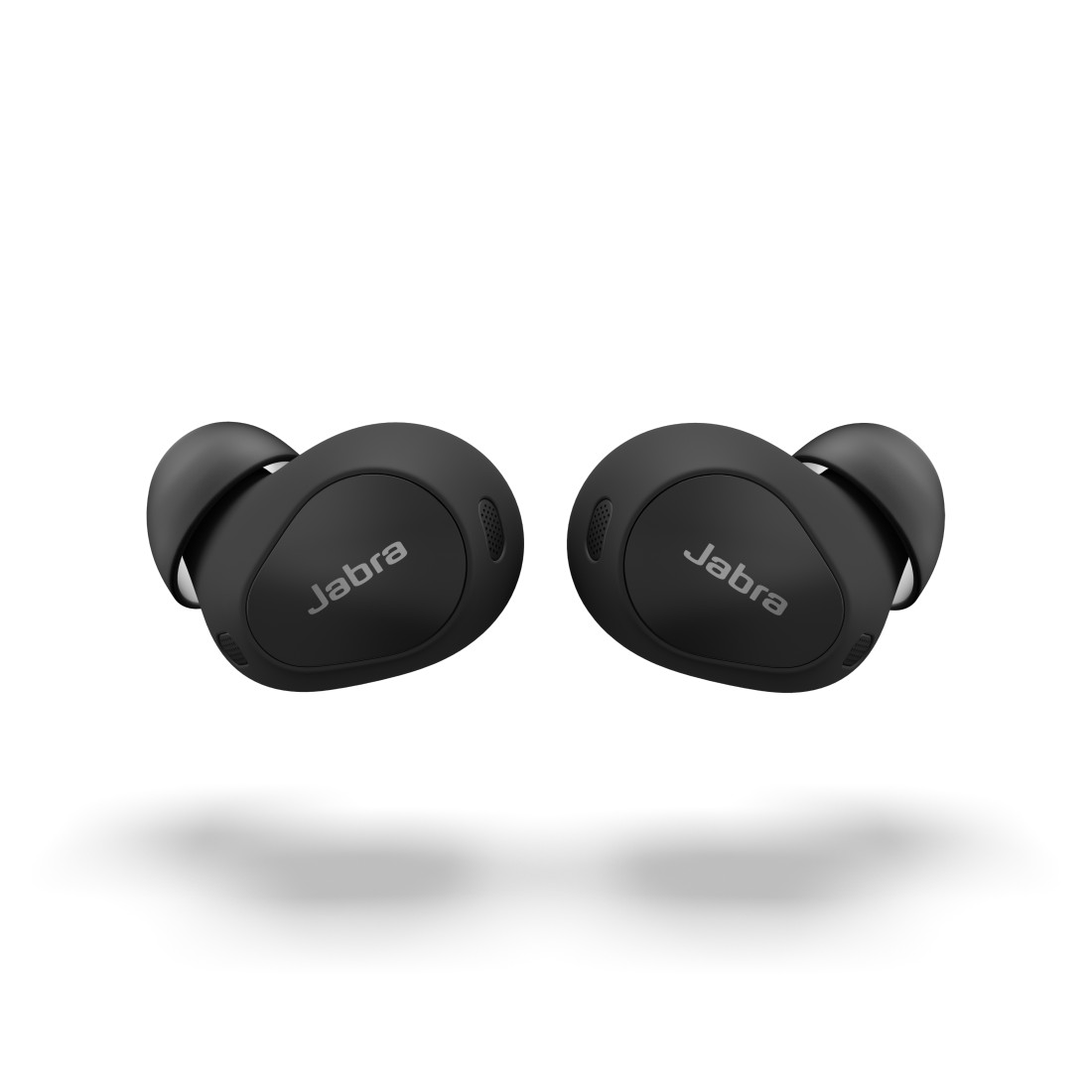 Zwei schwarze Jabra Ohrhörer auf weißem Hintergrund, mit Jabra Logo.