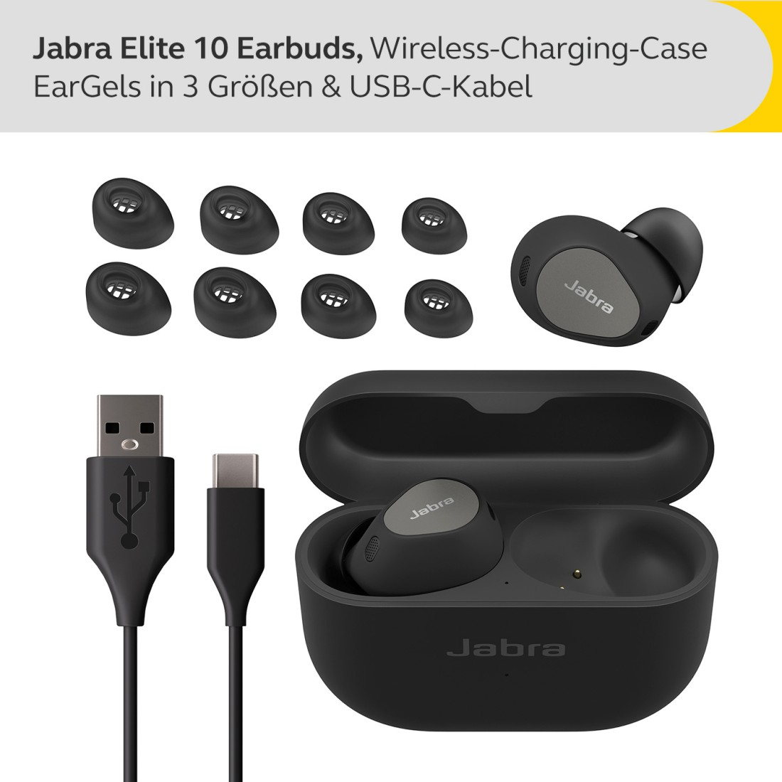 Schwarze Jabra Elite 10 Ohrhörer und Ladecase mit Ohrgummis und USB-C Kabel.