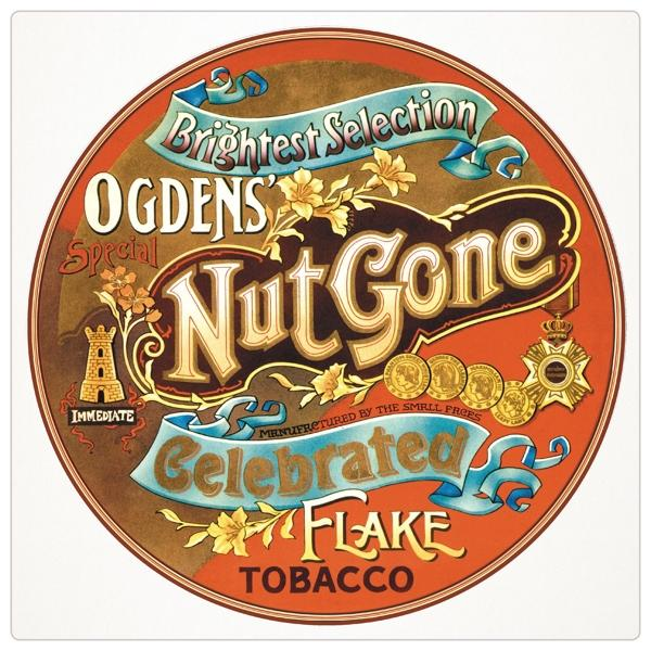 A 'Nut Gone' dohány kör alakú hirdetése. Szöveget, szalagokat, virágokat, valamint érmék és egy torony illusztrációit tartalmazza, mind vintage stílusban.