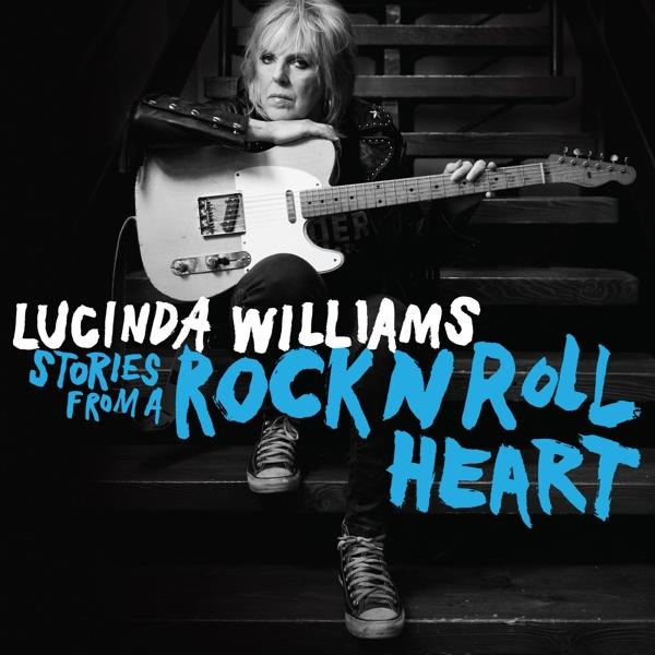 Lucinda Williams a lépcsőn ül, gitárt tart, az album címe: 'Stories from a Rock N Roll Heart'.