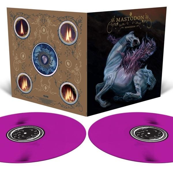 Két bakelit lemez és egy behajtható tok a Mastodon 'Remission' albumához, művészeti alkotással.