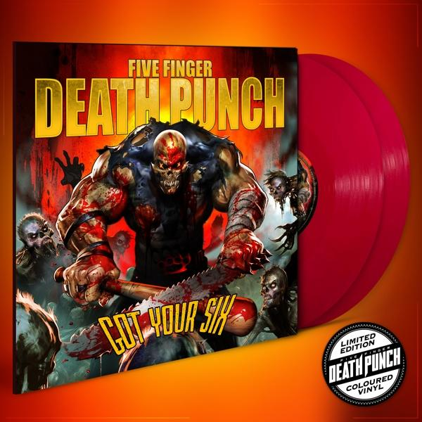 A Five Finger Death Punch album borítója. Egy zombiszerű figura véres baseballütőt tart egy fűrésszel. Piros bakelit lemezek jobbra.