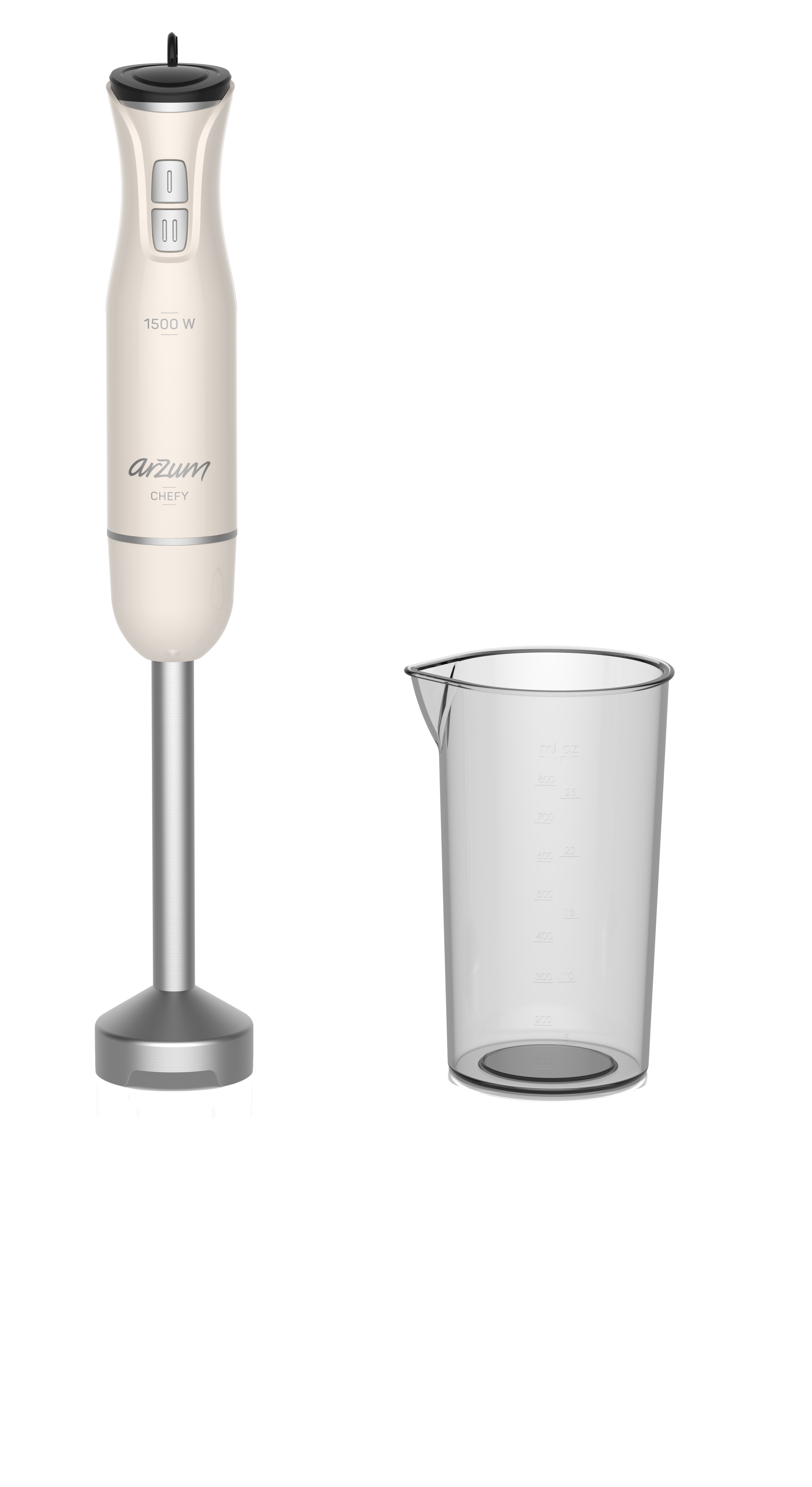 Krem rengi el blenderi ve yanında bir ölçü kabı. Blender üzerinde Arzum Chef 1500W yazıyor.