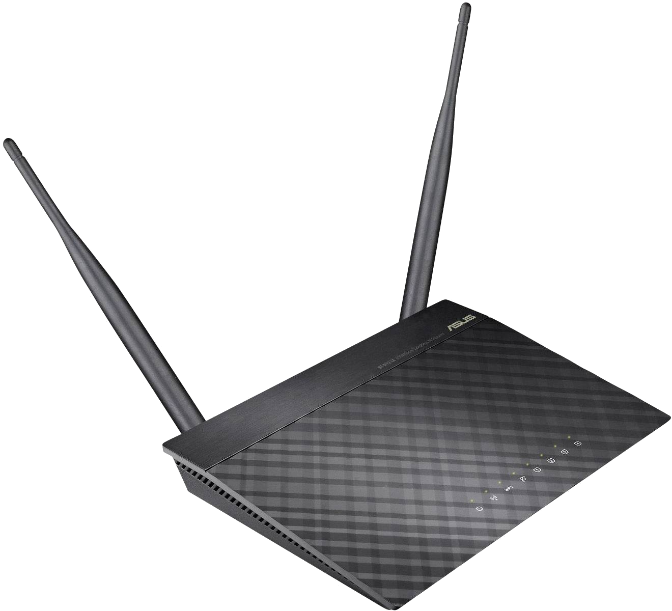 Fekete Asus router két antennával, bekapcsolás és aktivitás jelzőfényekkel. Szögletes nézet, fekete háttér.