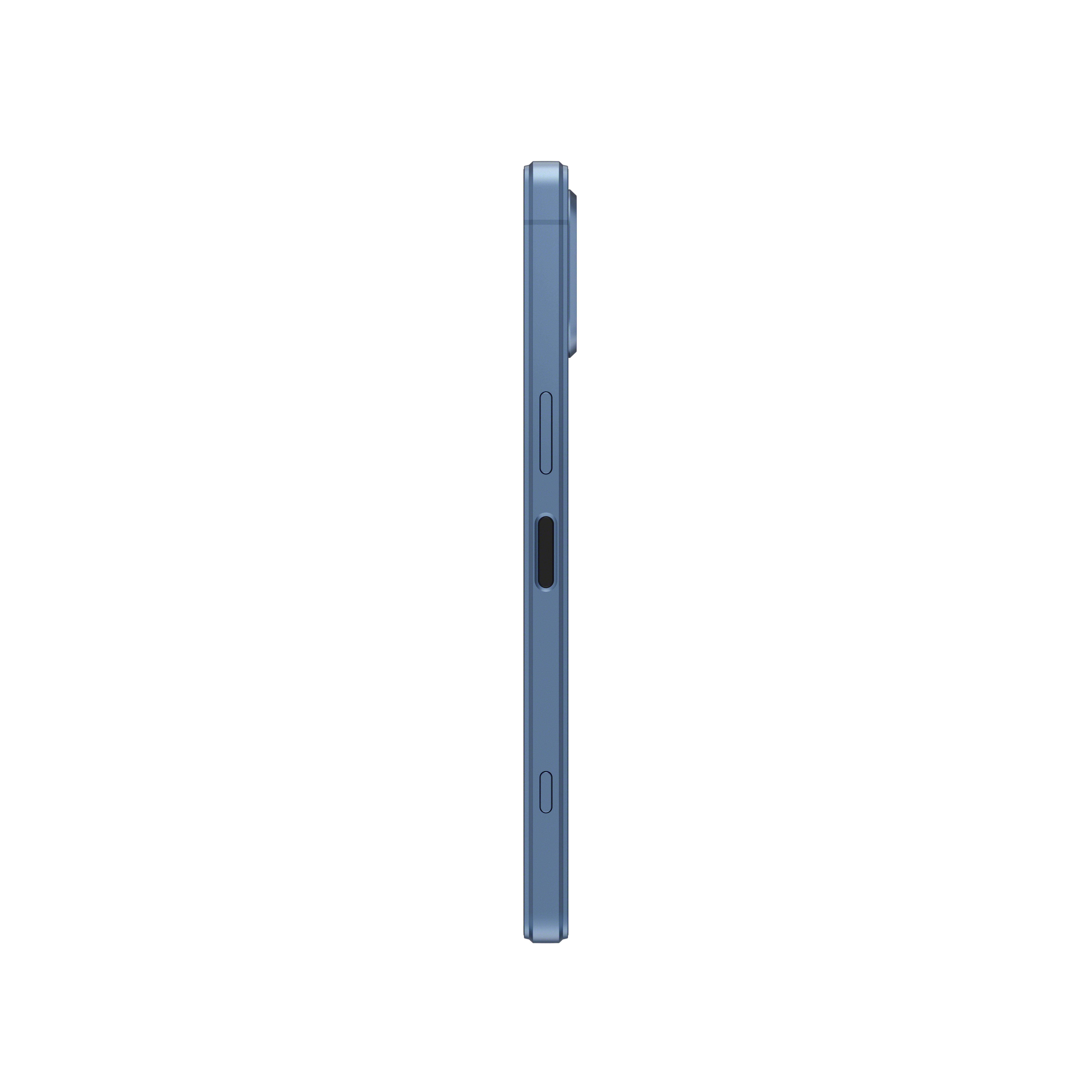 Seitenansicht eines blauen Smartphones. Knöpfe an der Seite.