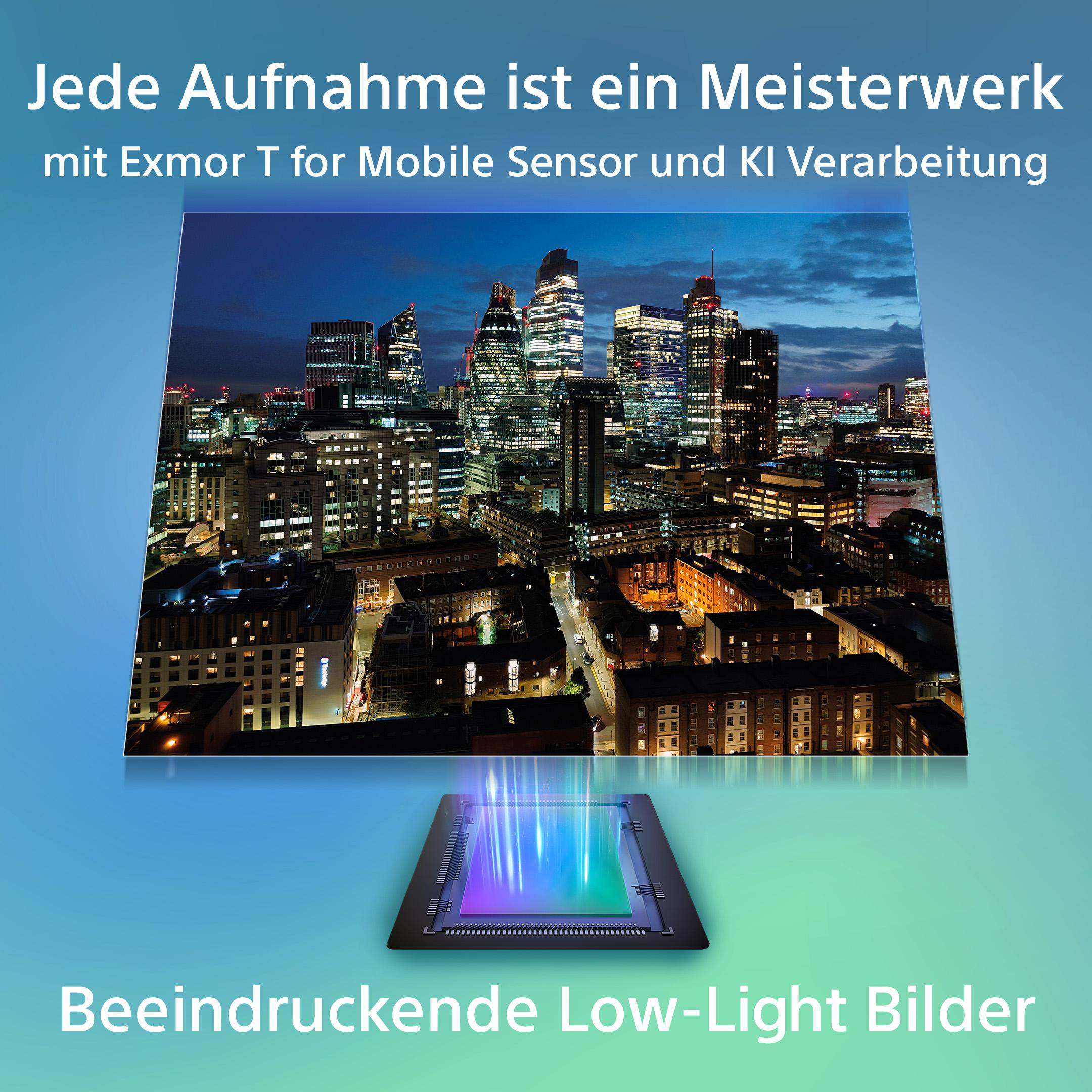 Ein Werbebild mit einer nächtlichen Stadtszene, einer Technologiekomponente und Text.