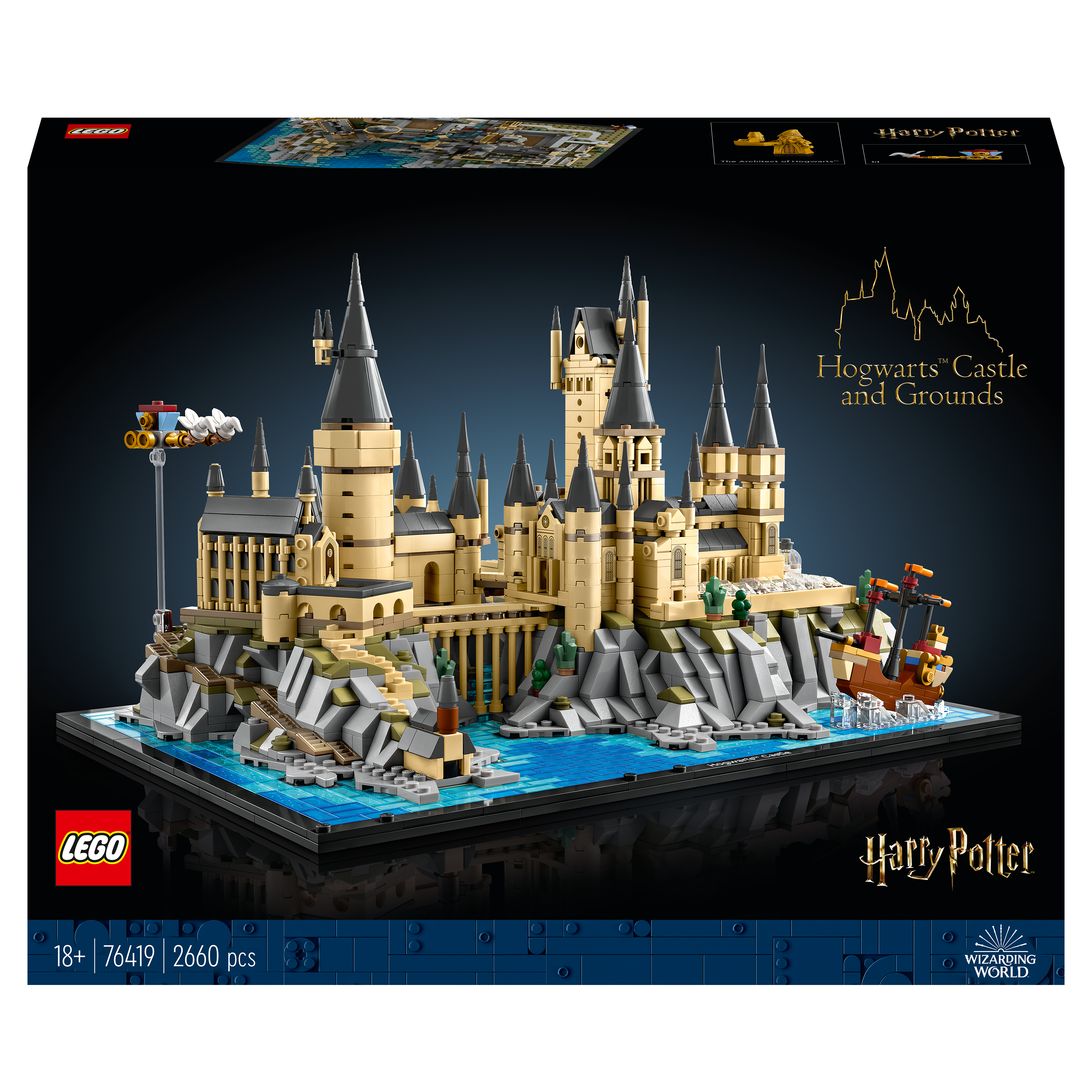 Ein Lego Harry Potter Set mit Hogwarts Schloss. Die Box zeigt das Logo und Schloss.