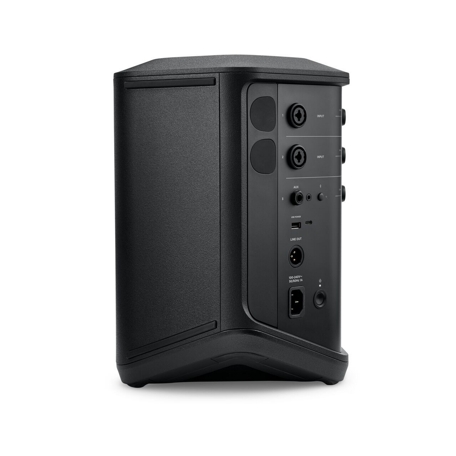 Zwarte luidspreker met diverse ingangen. Inclusief AUX-, USB- en line-out poorten. De achterkant heeft een stroomingang.