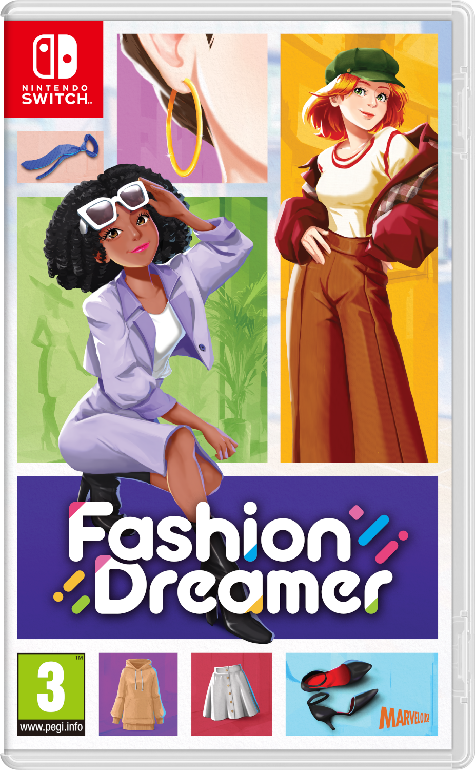 Fashion Dreamer Nintendo Switch game cover. Toont een vrouwelijk personage en mode-items.