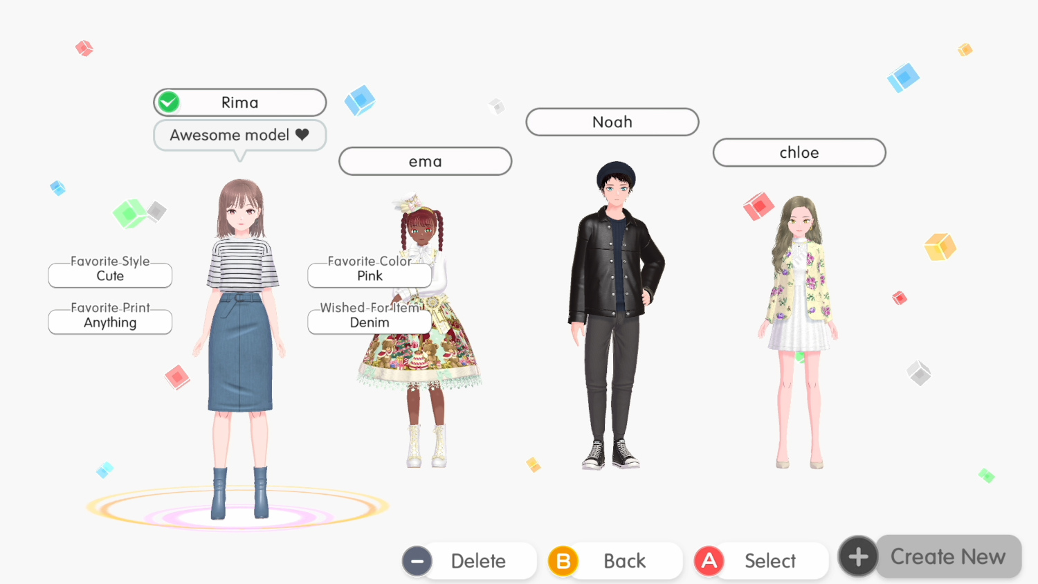 Vier geanimeerde avatars. Eén met een spijkerbroekrok, één met een roze jurk en twee andere figuren.