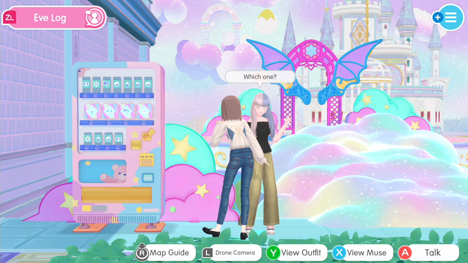 Twee vrouwen in een kleurrijke game scene met een automaat en een fantasie achtergrond.