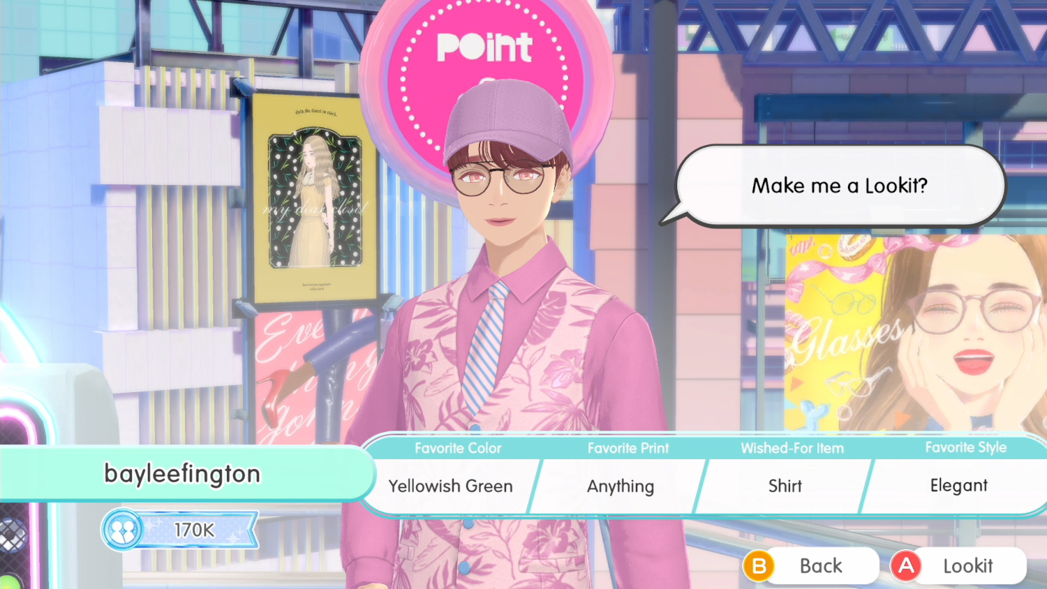 Een persoon in roze kleding in een virtuele wereld. Tekstballonnen en knoppen zijn zichtbaar. Bordjes.