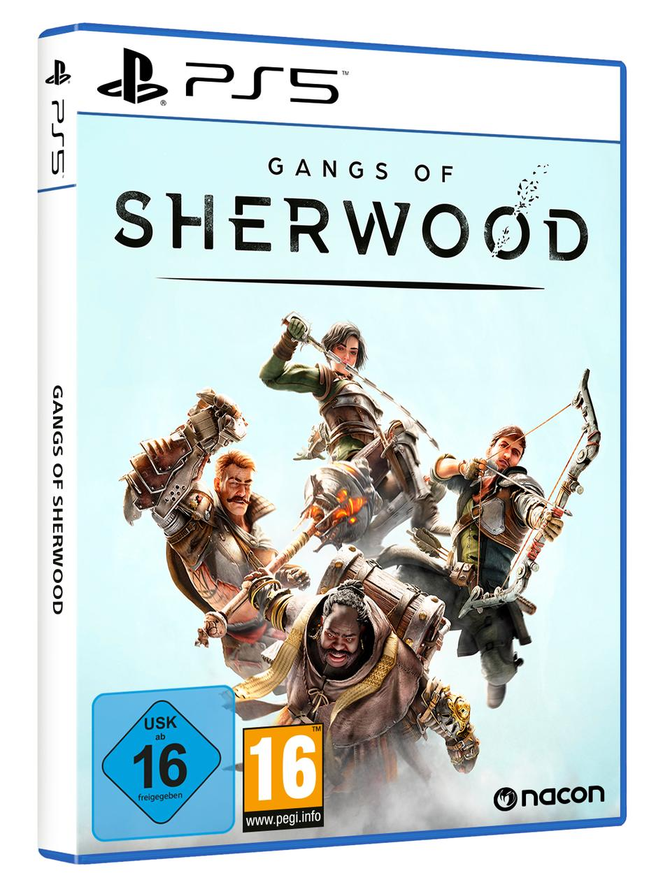 PS5-Spielbox mit dem Titel 'Gangs of Sherwood' mit Charakteren in Aktion und einem Bewertungsschild.