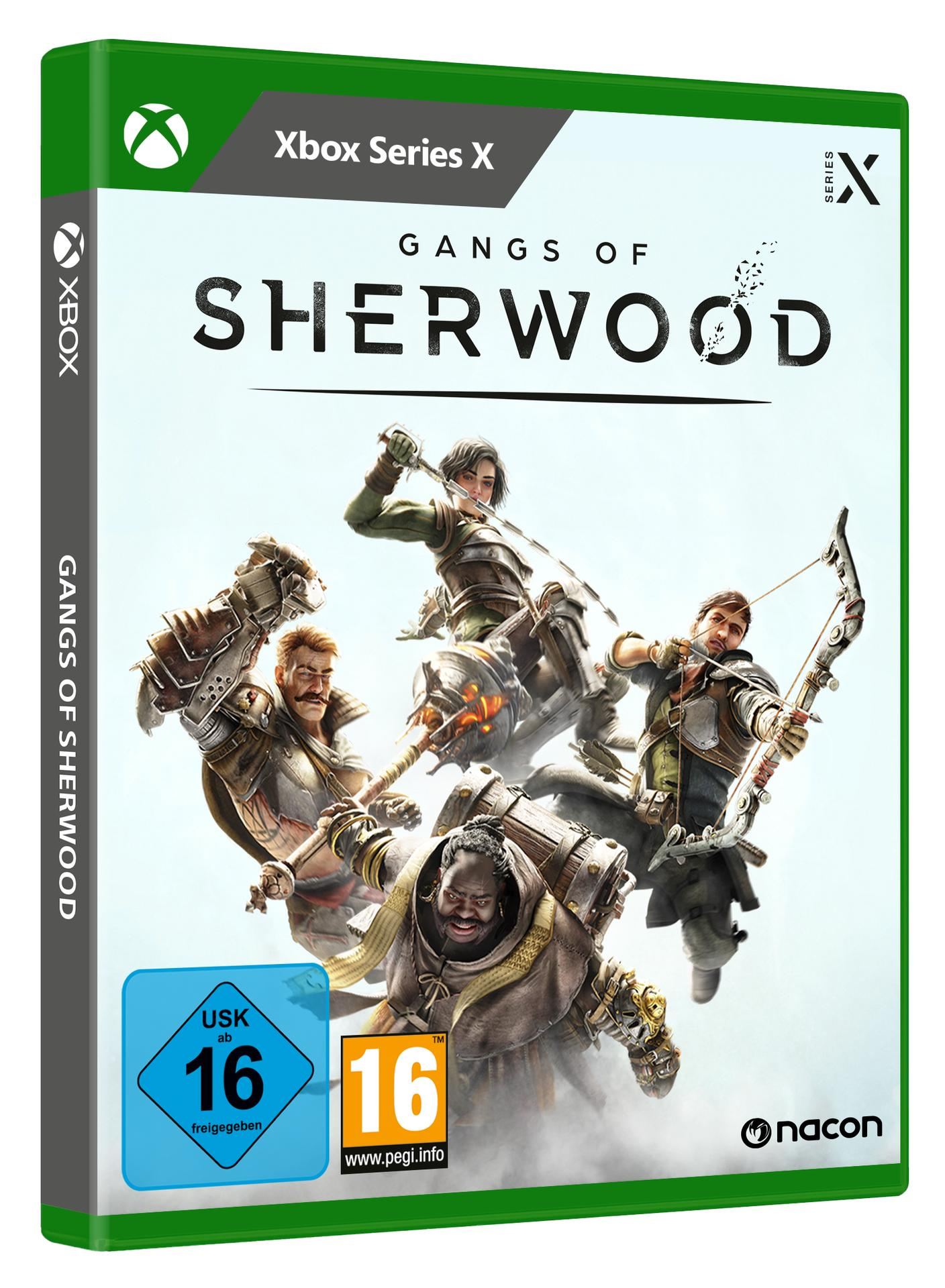 Spielbox von 'Gangs of Sherwood' mit Action-Charakteren. Grüne Akzente und Xbox-Logo.