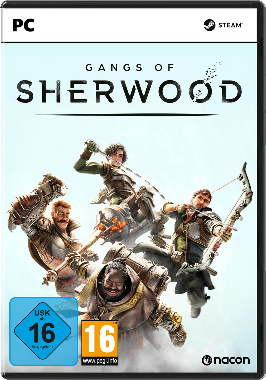 Spielcover: Vier Charaktere mit Waffen, Titel 'Gangs of Sherwood'. PC- und Steam-Logos sind sichtbar.
