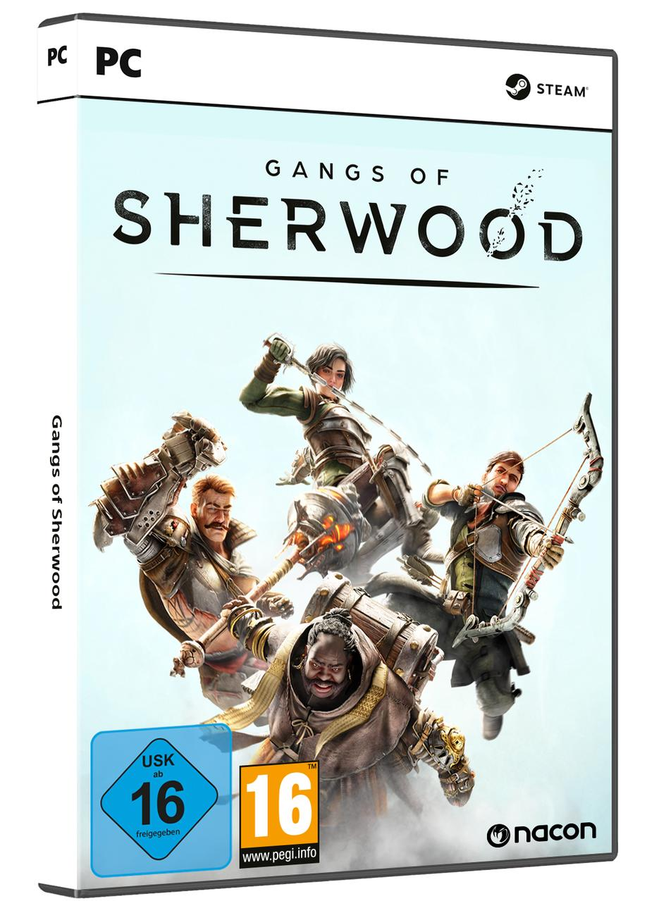 Spielbox: „Gangs of Sherwood“ mit Charakteren und Logo auf der Vorderseite, weißer Hintergrund.