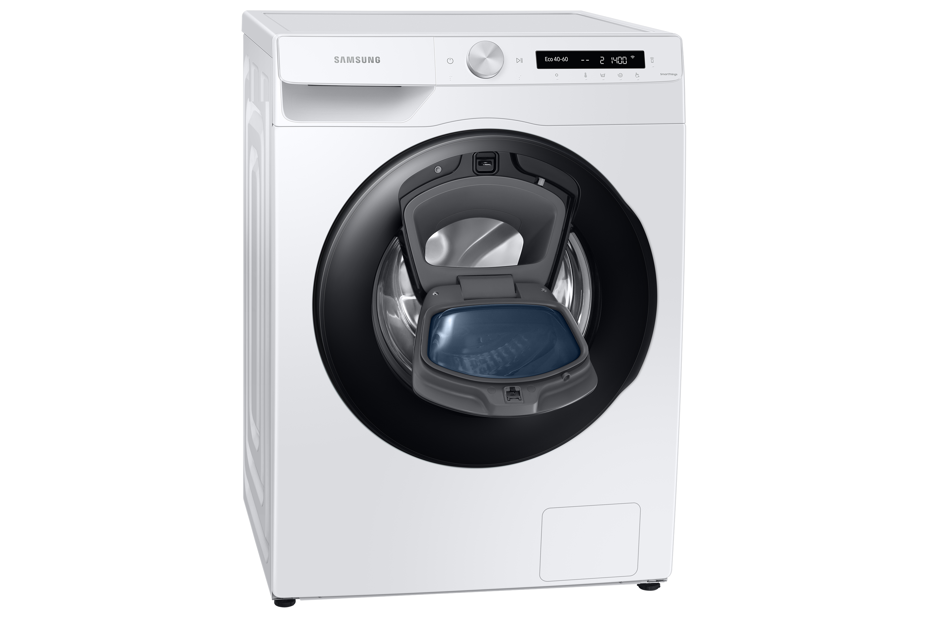 Eine weiße Samsung-Waschmaschine mit offener schwarzer Tür, die einen blauen Waschmittelbehälter zeigt. Die Maschine ist sauber.