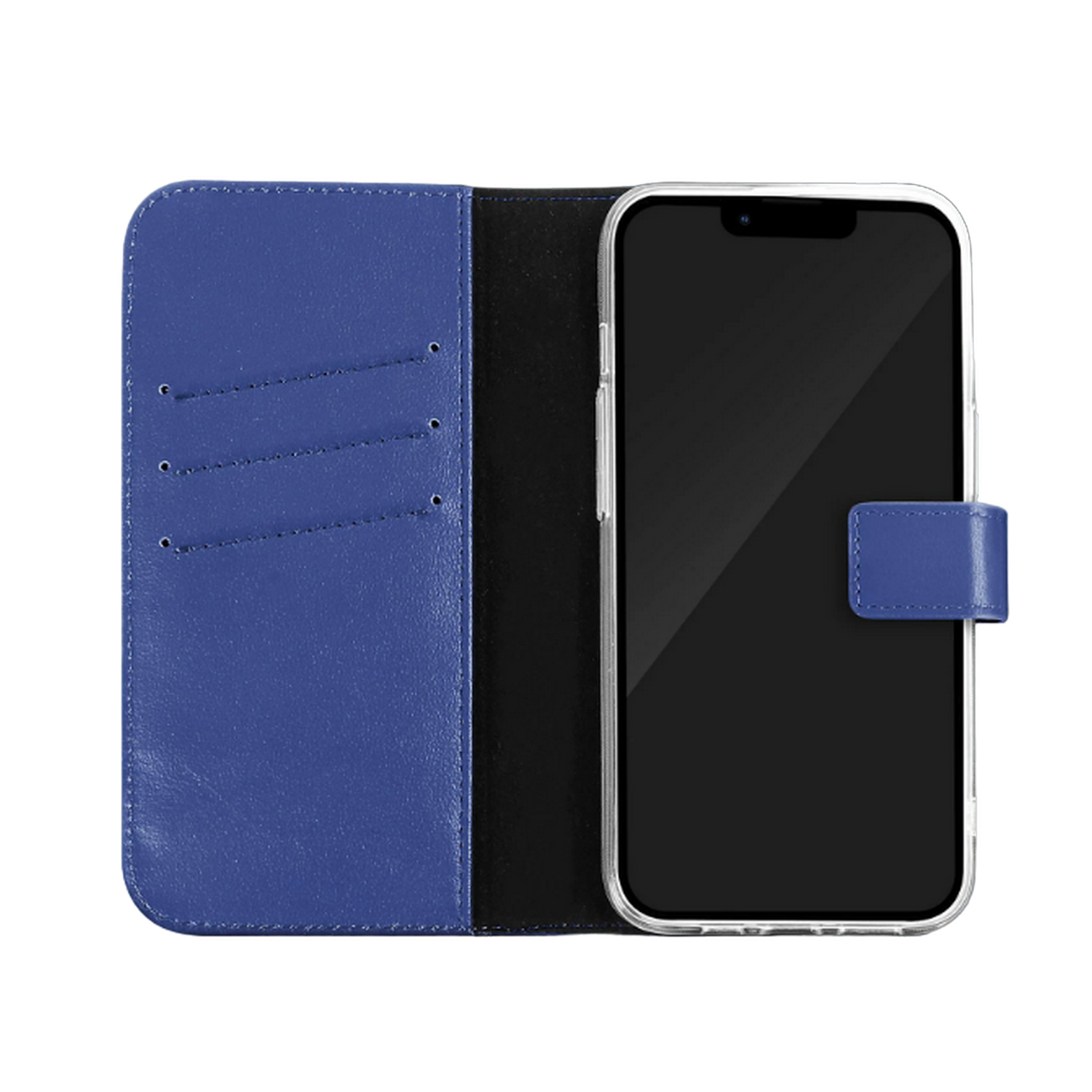Un étui de téléphone bleu avec un téléphone à l'intérieur. L'étui est ouvert, montrant le téléphone et les emplacements pour cartes.
