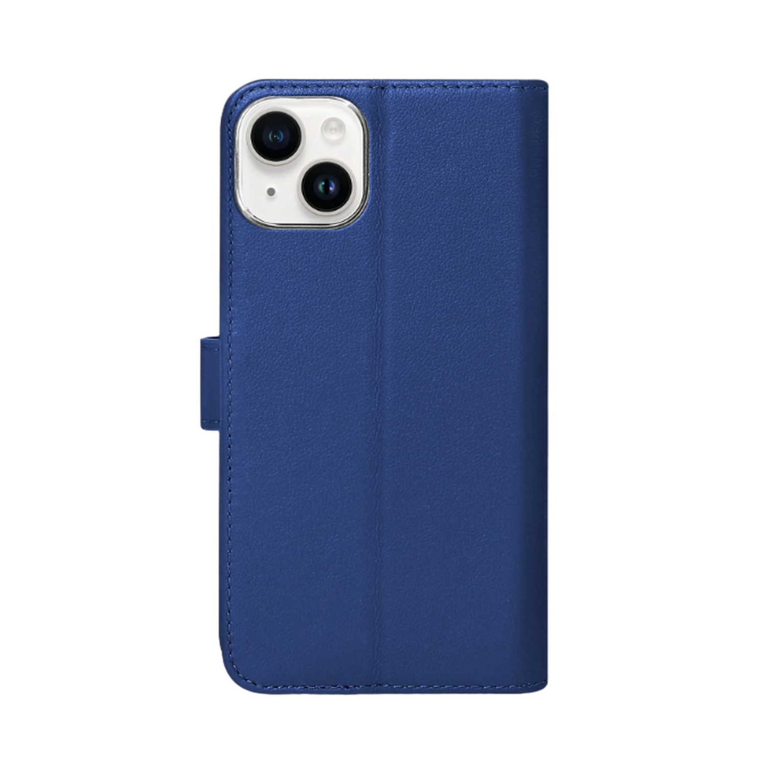 Coque de téléphone bleue avec un téléphone à l'intérieur, vue arrière.