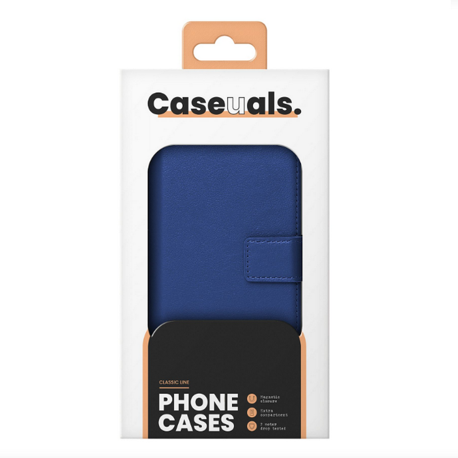 Coque de téléphone bleue dans une boîte blanche. Texte : Classic Line, Phone Cases.